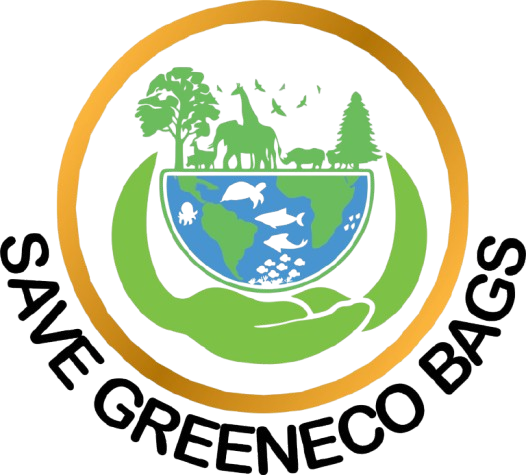 SAVE GREENECO BAGS Logo: Hands holding the earth with surrounding wildlife.