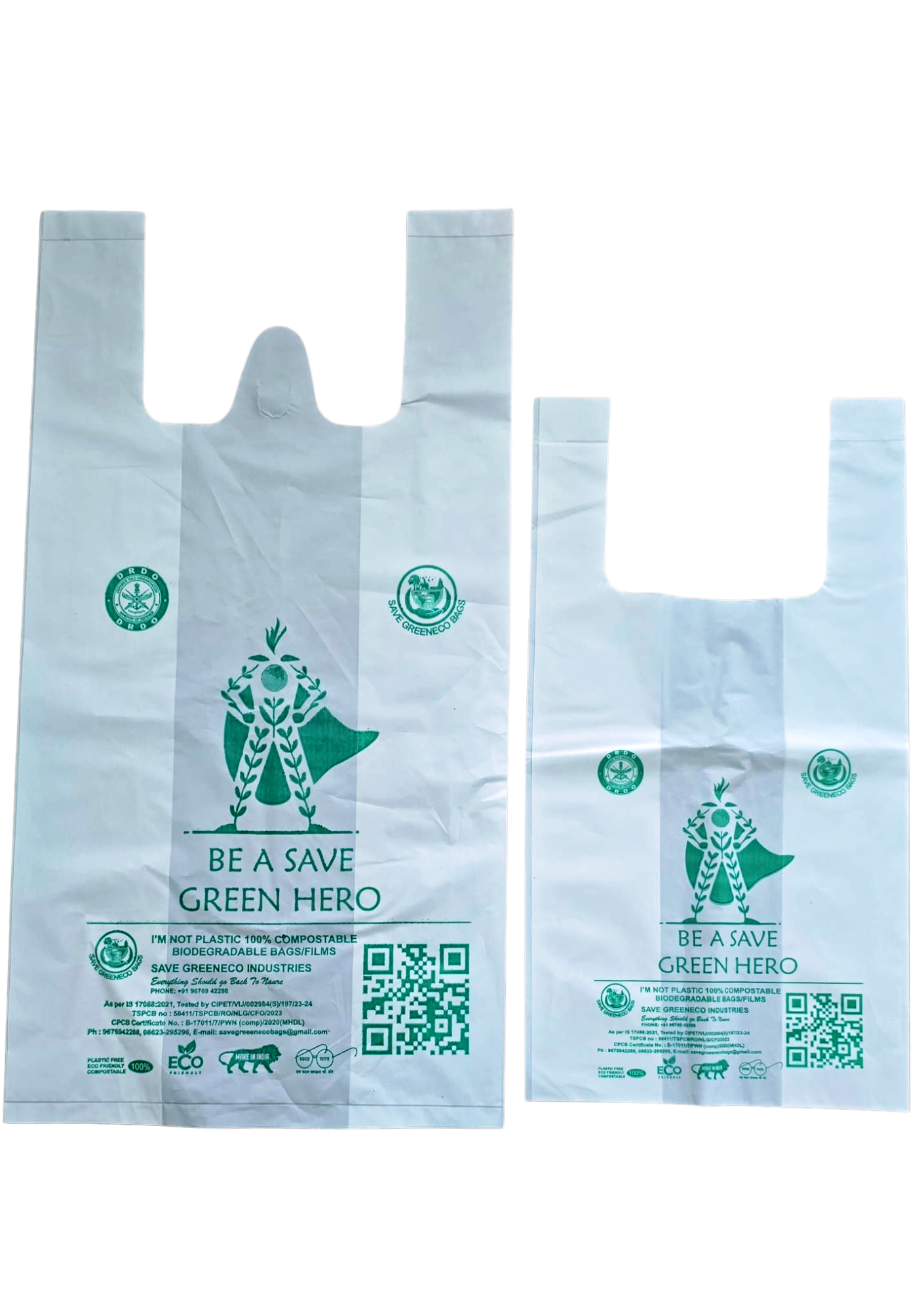 Image showing the two different sizes of SAVE GREENECO Bio Compostable Carry Bags.